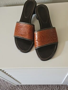 Cole Haan Brown Leather Slide Mules with Embossed Strap
